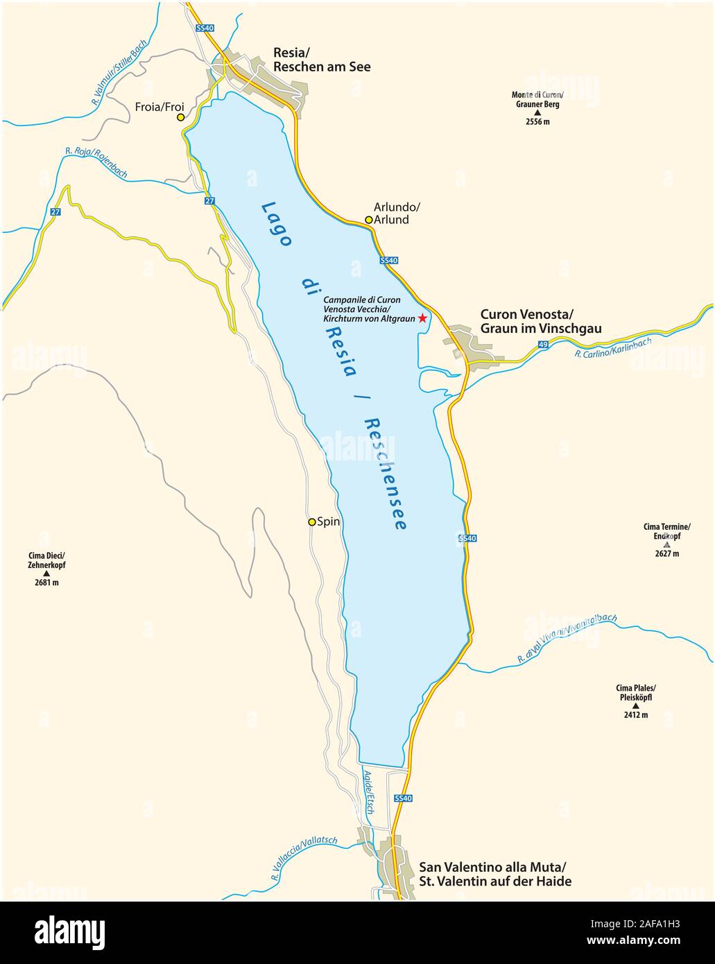 Karte von der Südtiroler reschensee Italien Stock Vektor