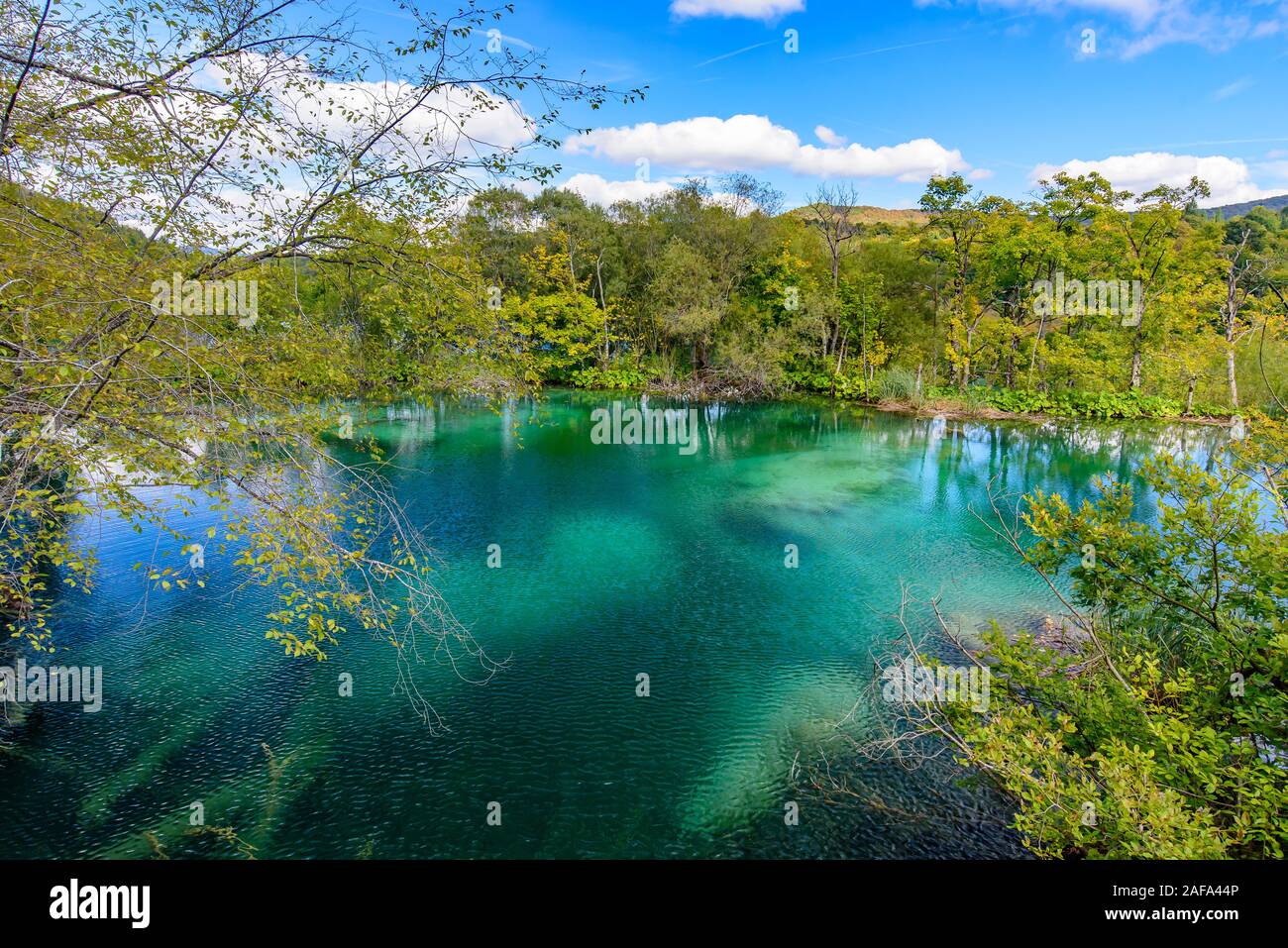 Nationalpark Plitvicer Seen (Plitvička Jezera) mit türkisfarbenen See, Kroatien Stockfoto