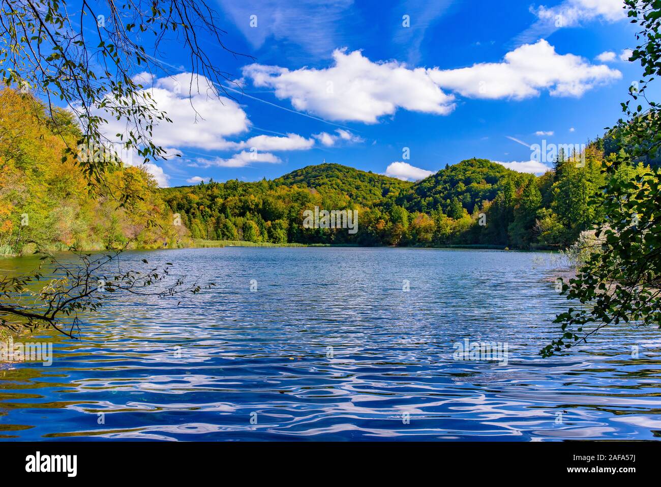 Nationalpark Plitvicer Seen (Plitvička Jezera) mit türkisfarbenen See, Kroatien Stockfoto