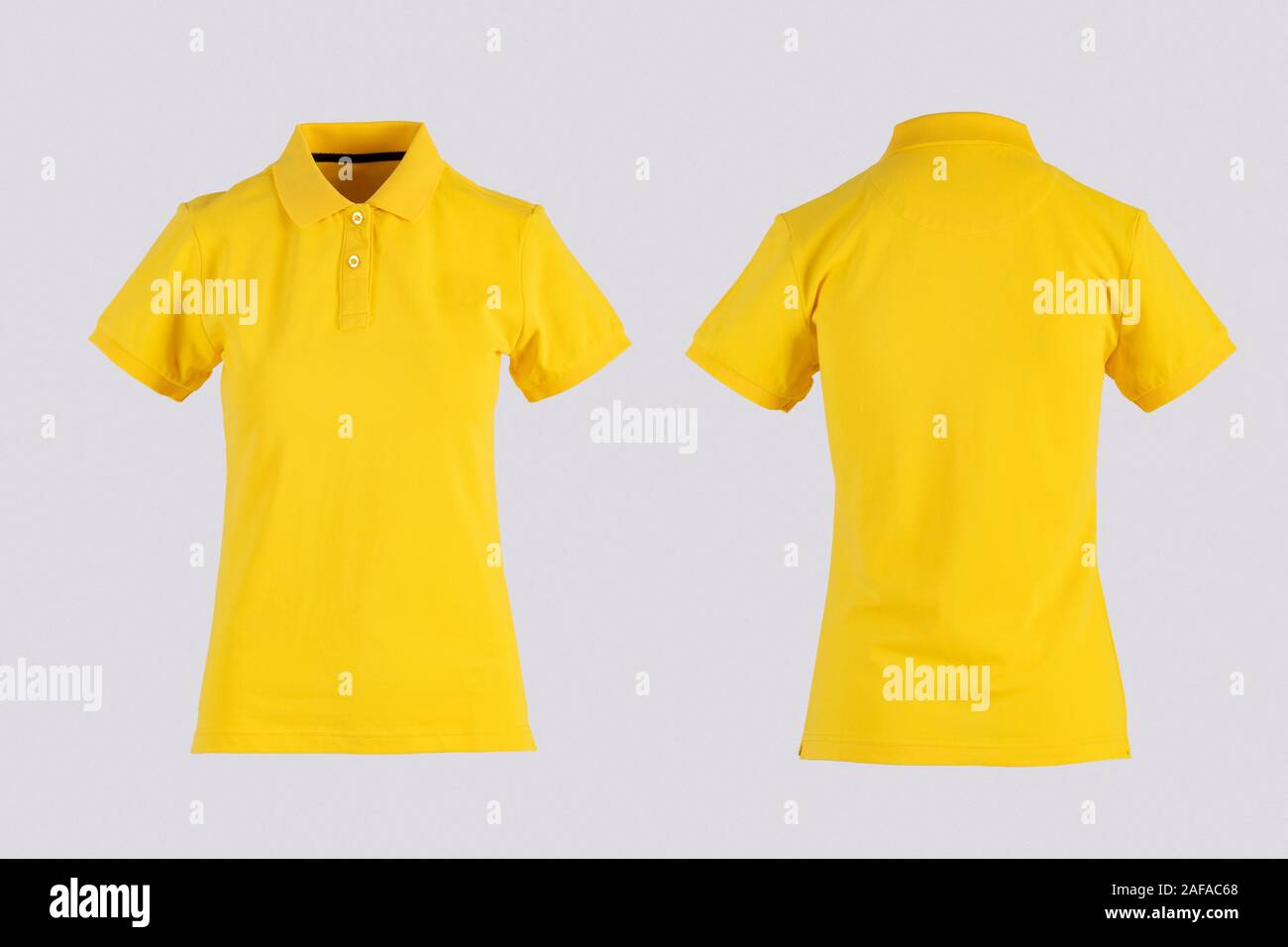Gelb leer Frauen Poloshirt, Vorder- und Rückansicht isoliert auf weißem auf unsichtbaren Mannequin Stockfoto