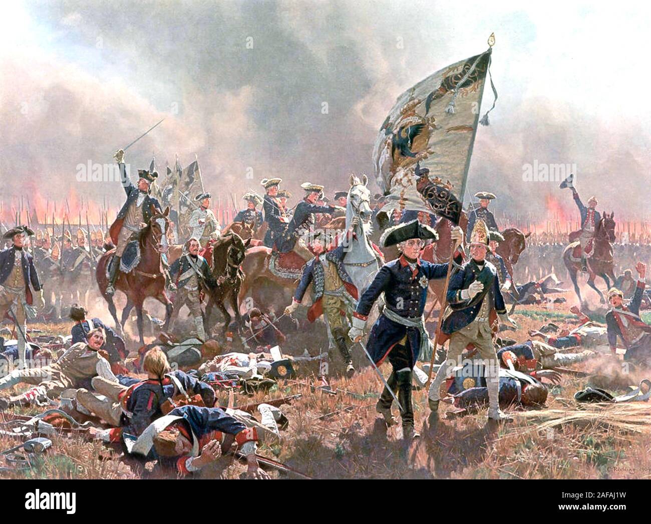 Schlacht von ZORNDORF 25. August 1758. Friedrich II. von Preußen hält die Flagge beim Vorrücken gegen russische Truppen in der Malerei von Carl Rochling Stockfoto