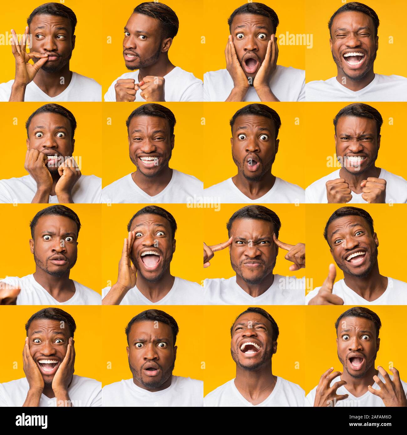 Mosaik von Afro Mann Ausdruck unterschiedlicher Grimassen auf gelbem Hintergrund Stockfoto