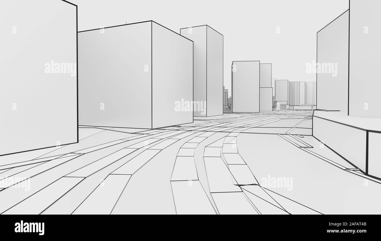 Eine schematische Zeichnung oder Skizze eines 3D-weiße Stadt mit Gebäuden und Straßen. Umrisse Stil. 3D-Darstellung. Bauindustrie Konzept Stockfoto