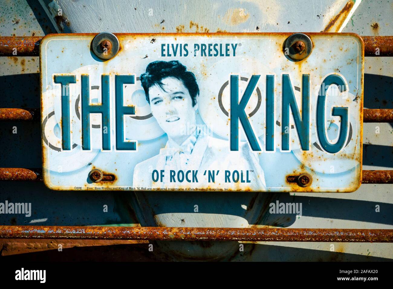 Elvis Presley Tribute Auto Nummernschild, Elvis Presley war ein US-amerikanischer Rock'n'Roll Sänger und Schauspieler geboren 1935 Stockfoto