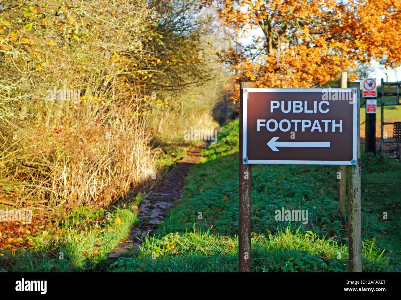 Ein Blick auf ein Zeichen für einen öffentlichen Fußweg führt zum River Yare auf der Norfolk Broads an Surlingham, Norfolk, England, Vereinigtes Königreich, Europa. Stockfoto