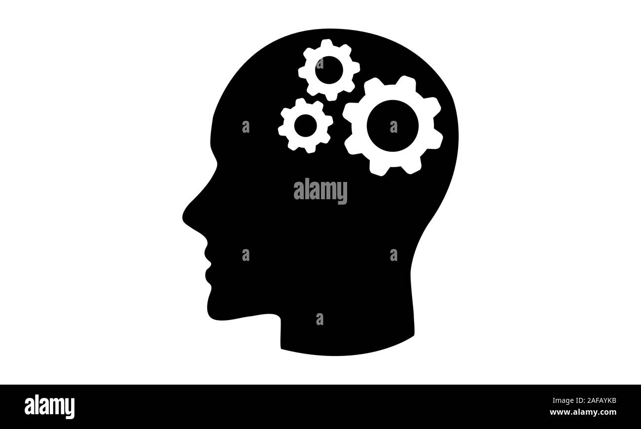Kopf mit Zahnrädern im Gehirn schwarz Vektor Symbol auf weißem Hintergrund. Flaches Design, Konzept des Denkens Stock Vektor