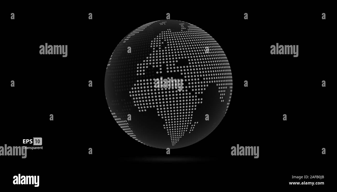 Gepunktete 3D Vektor Globen mit Weltkarten schwarz. Planet Erde Sammlung mit Kontinenten, in Europa und in Afrika Stock Vektor