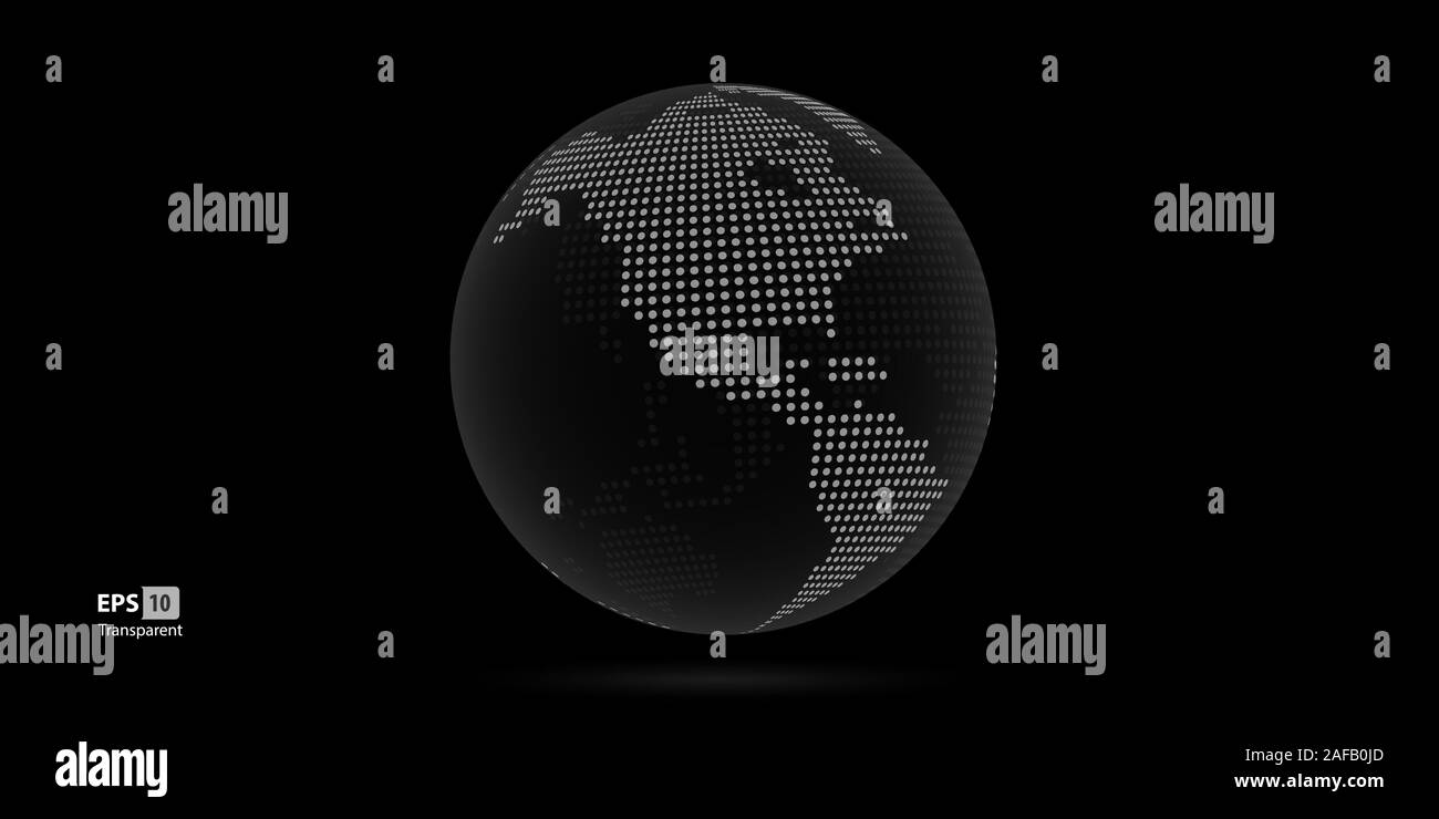 Gepunktete 3D Vektor Globen mit Weltkarten schwarz. Planet Erde Sammlung mit Kontinenten, Amerika und USA Stock Vektor