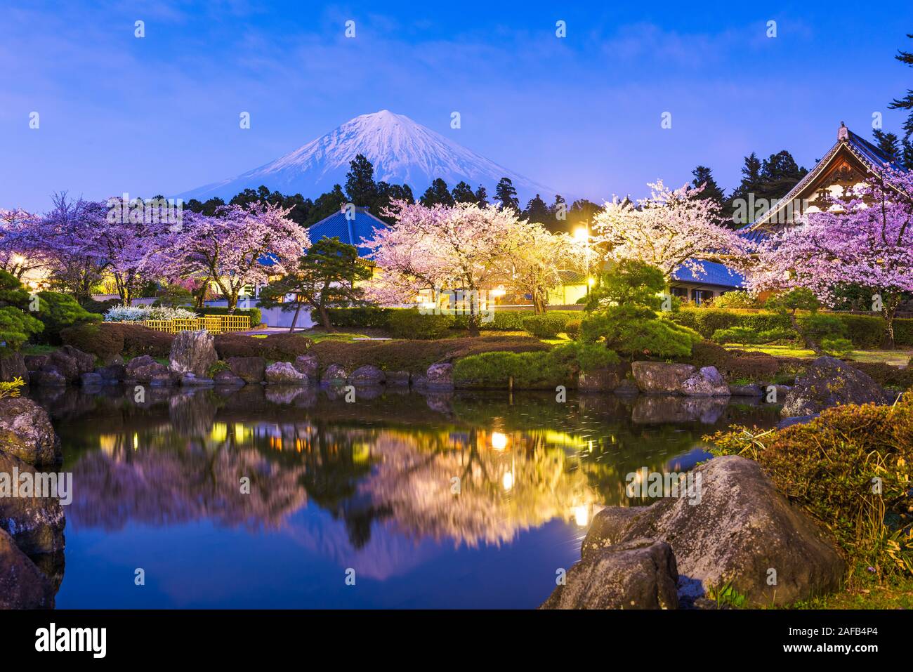 Fujinomiya, Shizuoka, Japan mit Mt. Fuji und Tempel im Frühjahr Saison. Stockfoto