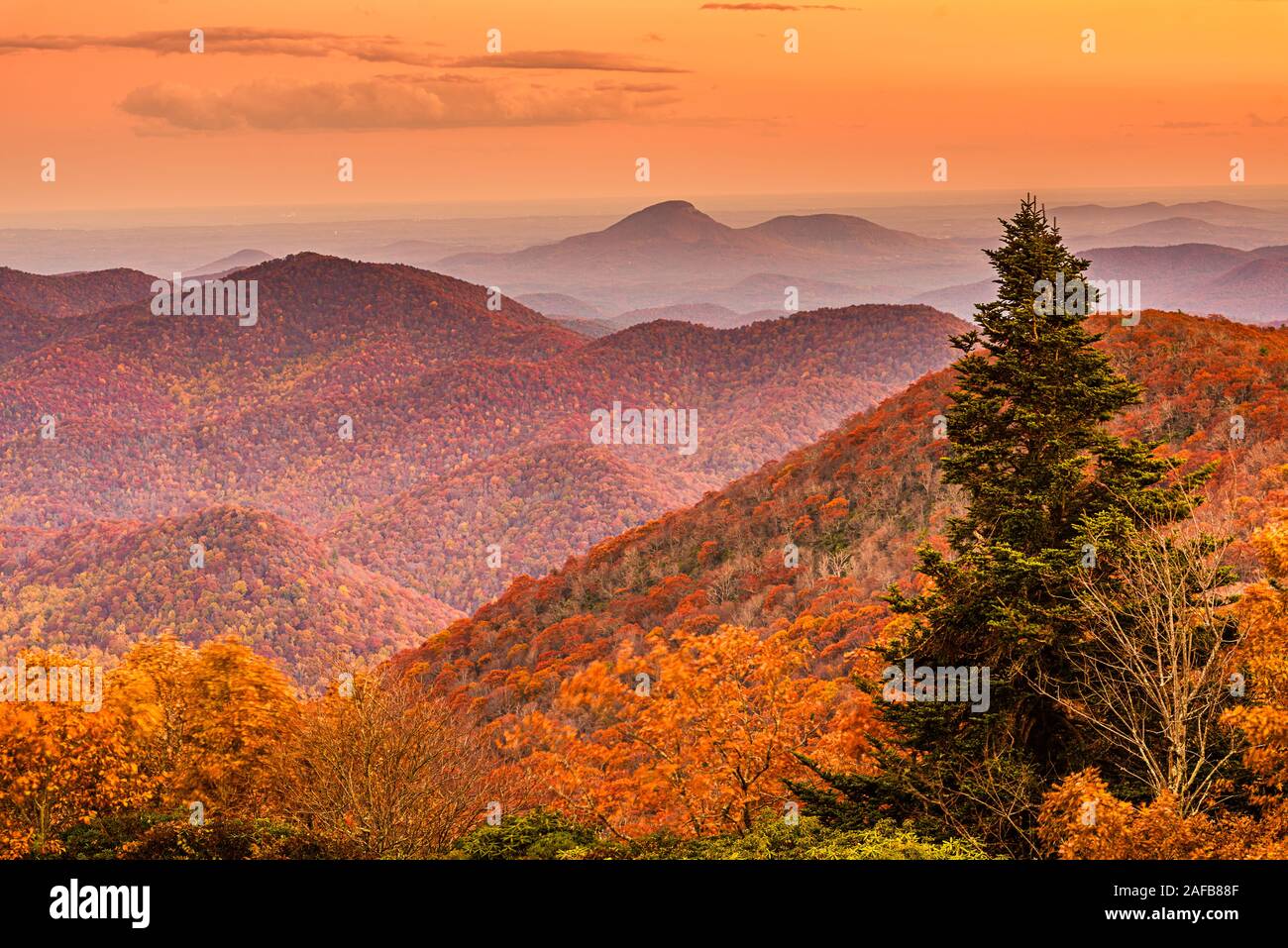 Blick von Brasstown Bald, Georgia, USA der Blue Ridge Mountains im Herbst in der Abenddämmerung. Stockfoto