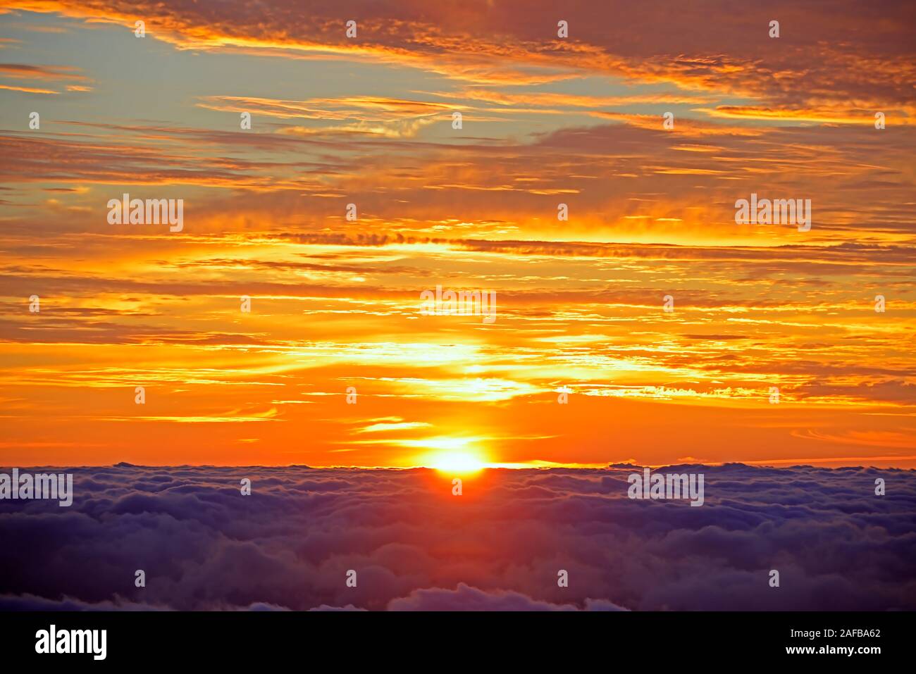 Sonnenaufgang über Passatwolken in 2000 Meter Höhe, Nationalpark Teide, Teneriffa, Kanarische Inseln, Spanien Stockfoto