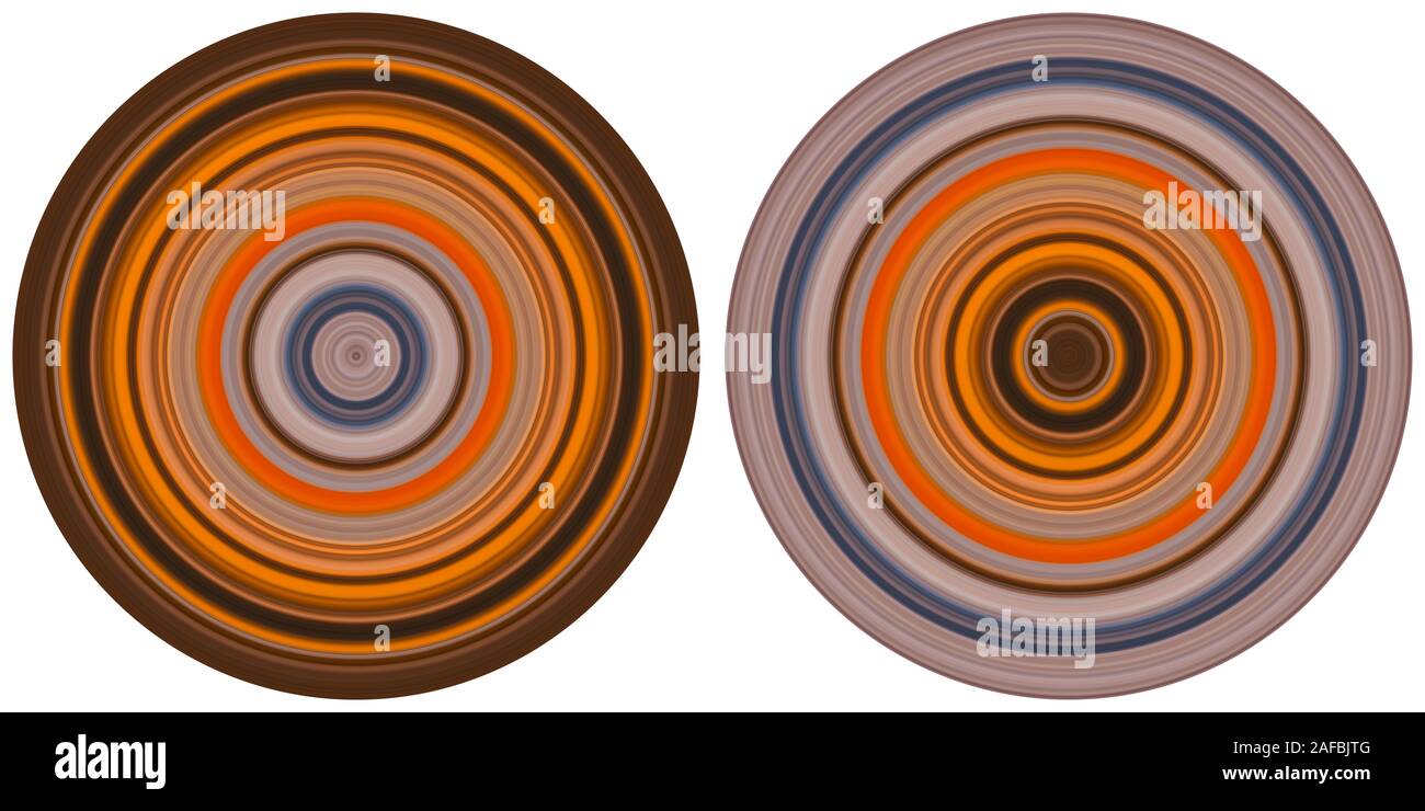 Satz mit 2 hellen abstrakte farbenfrohe Kreise auf weißem Hintergrund. Kreisförmige Linien, radial gestreifte Textur in Orange, Braun- und Beigetönen. Stockfoto