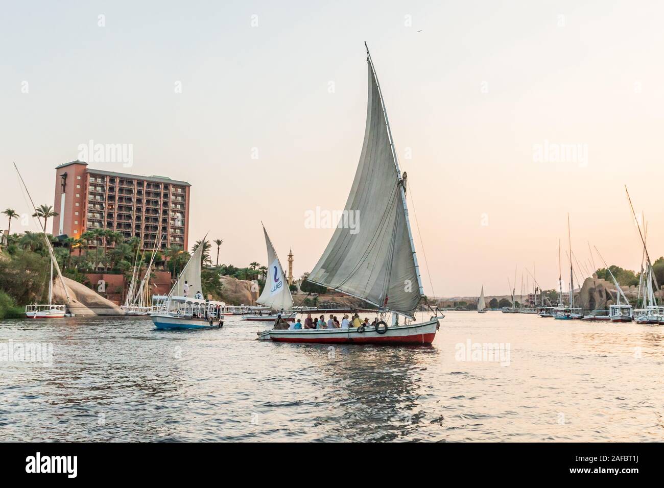 Afrika, Ägypten, Assuan. Oktober 8, 2018. Feluccas, traditionellen hölzernen Segelschiffe, auf den Nil bei Assuan. Stockfoto