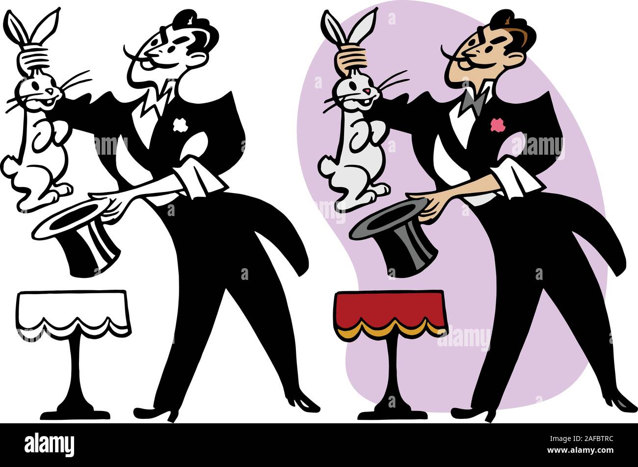 Eine Karikatur von einem Zauberer zugesehen der magische Trick ziehen, ein Kaninchen aus dem Hut. Stock Vektor