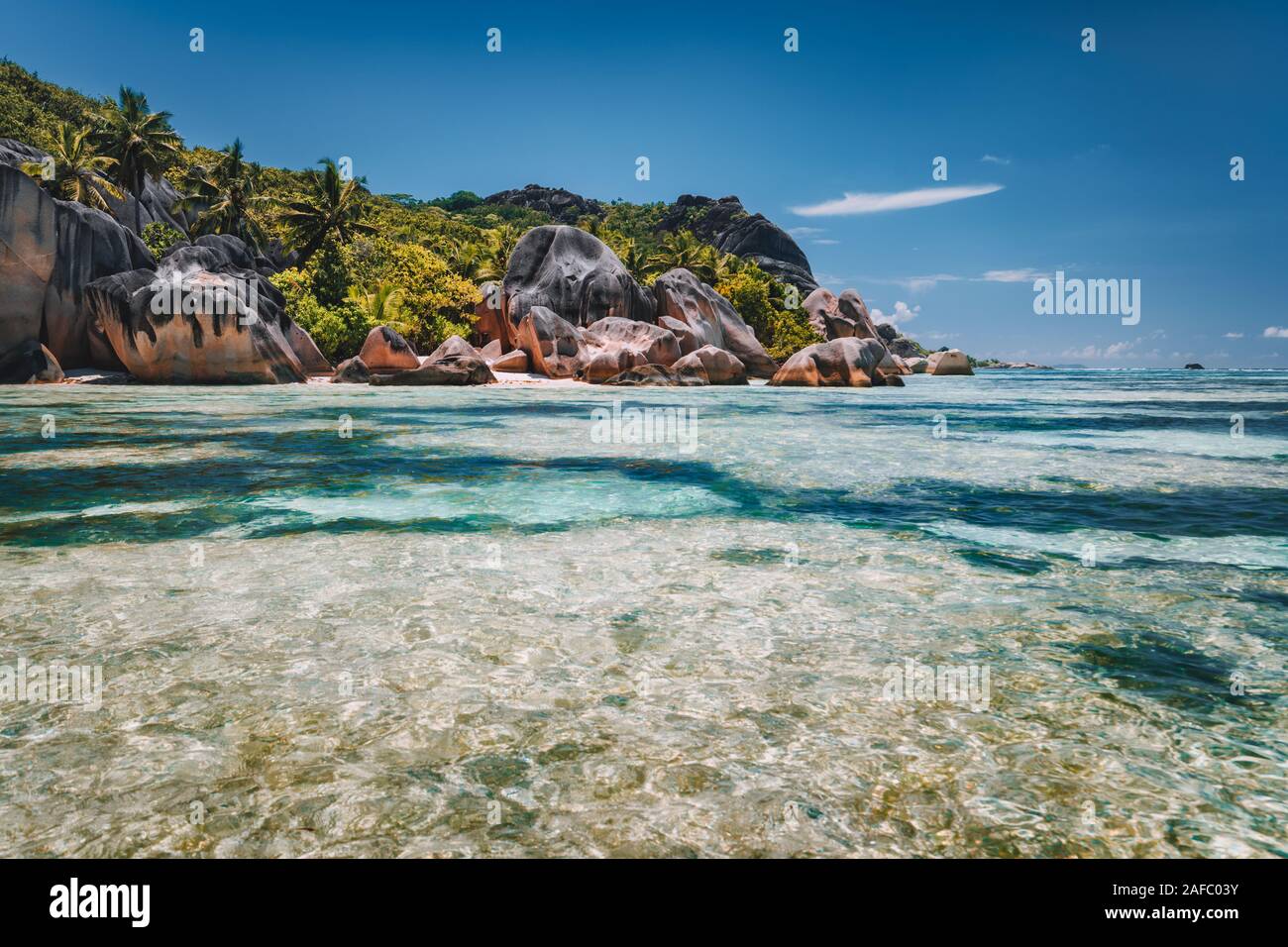 Anse Source D'Argent exotische Paradies Strand mit Granitfelsen auf