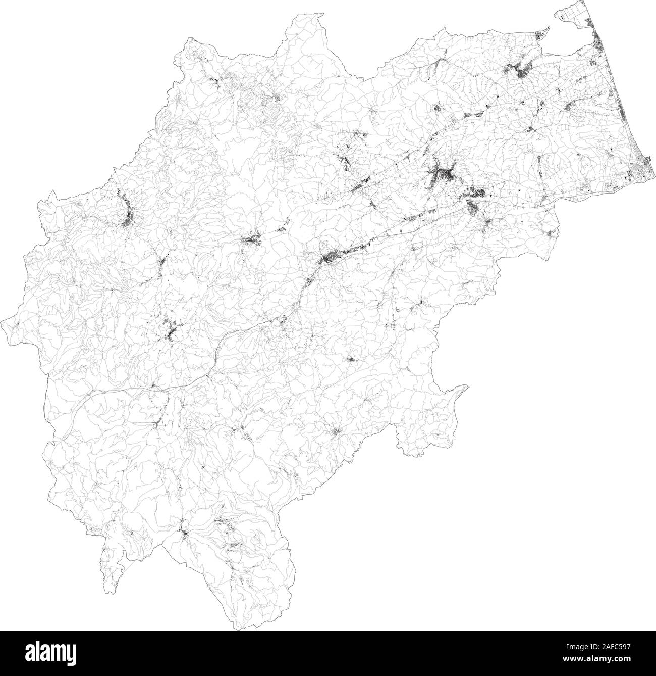 Sat-Karte der Provinz Macerata, Städte und Straßen, Gebäude und Straßen der Umgebung. Region Marche, Italien. Karte Straßen Stock Vektor