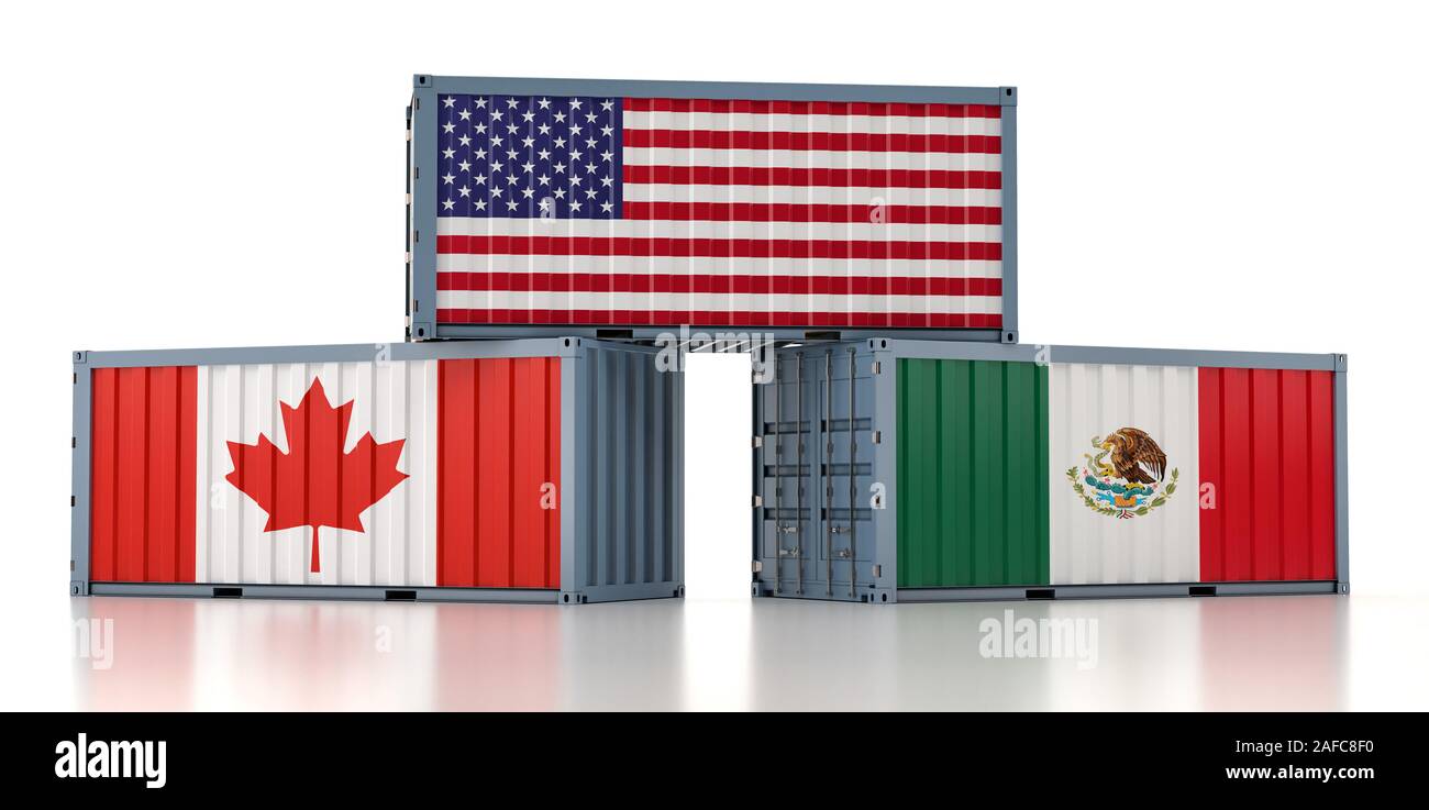 NAFTA-Frachtcontainer mit den USA, Kanada und Mexiko Flagge - 3D-Rendering Stockfoto