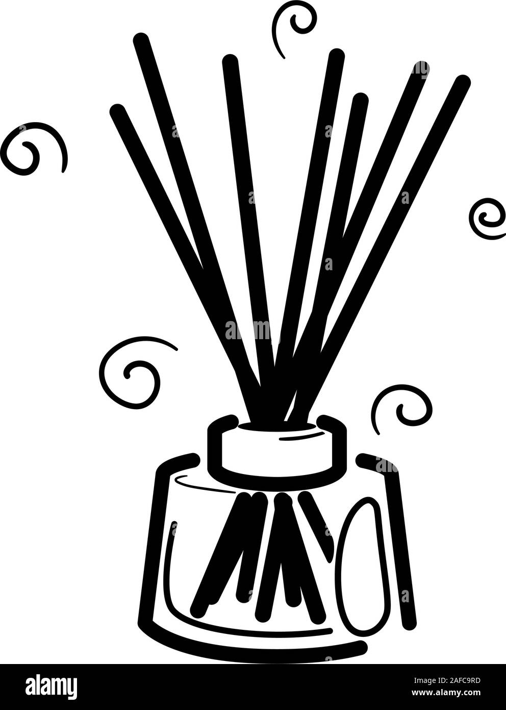 Holz- aroma Sticks in Glas. Flüssige Parfüm Öl. Wesentliche Luft Duft sticks Aromatherapie. Alternative Medizin. Spa und Beauty Cartoon Linie vektor Piktogramm auf weißem Hintergrund. Stock Vektor