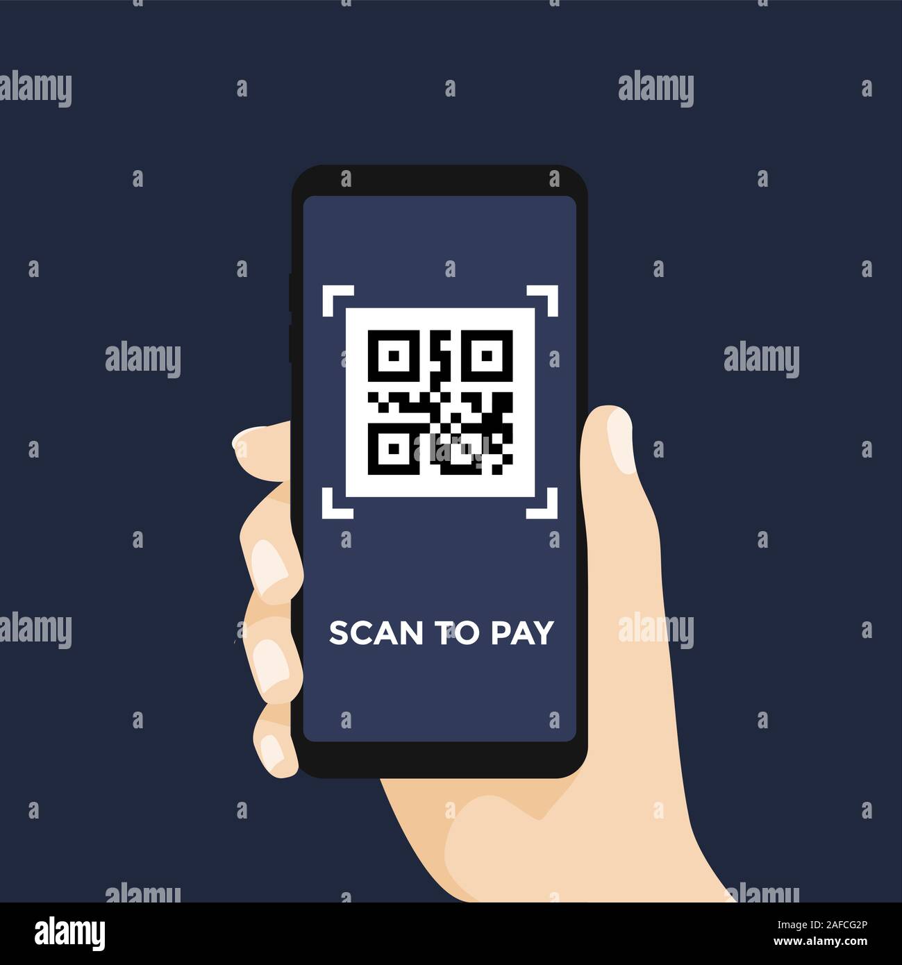 Scan QR-Code mit dem Mobiltelefon zu bezahlen. Barcode mit Telefon. Stock Vektor
