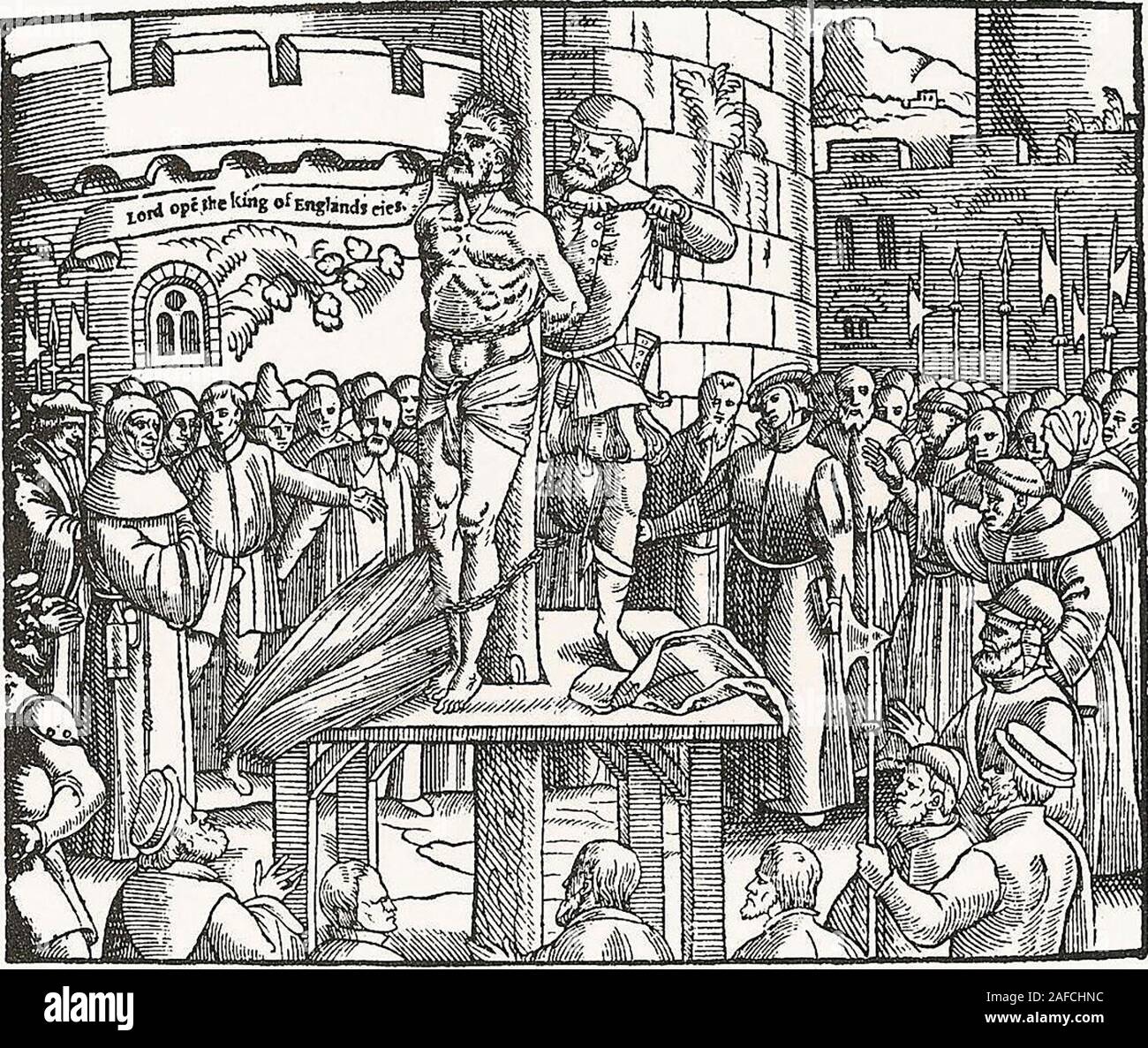 Die Vorbereitungen der Körper von William Tyndale, 1563 zu brennen. Tyndale, bevor erdrosselt und auf dem Scheiterhaufen verbrannt, in Vilvoorde schreit auf: "Herr, öffne die Augen des Königs von England". Stockfoto