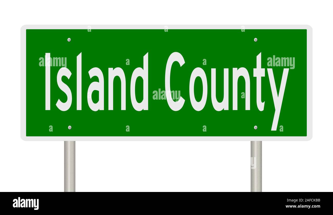 Rendering von einem grünen 3d Autobahn Zeichen für Island County in Washington. Stockfoto