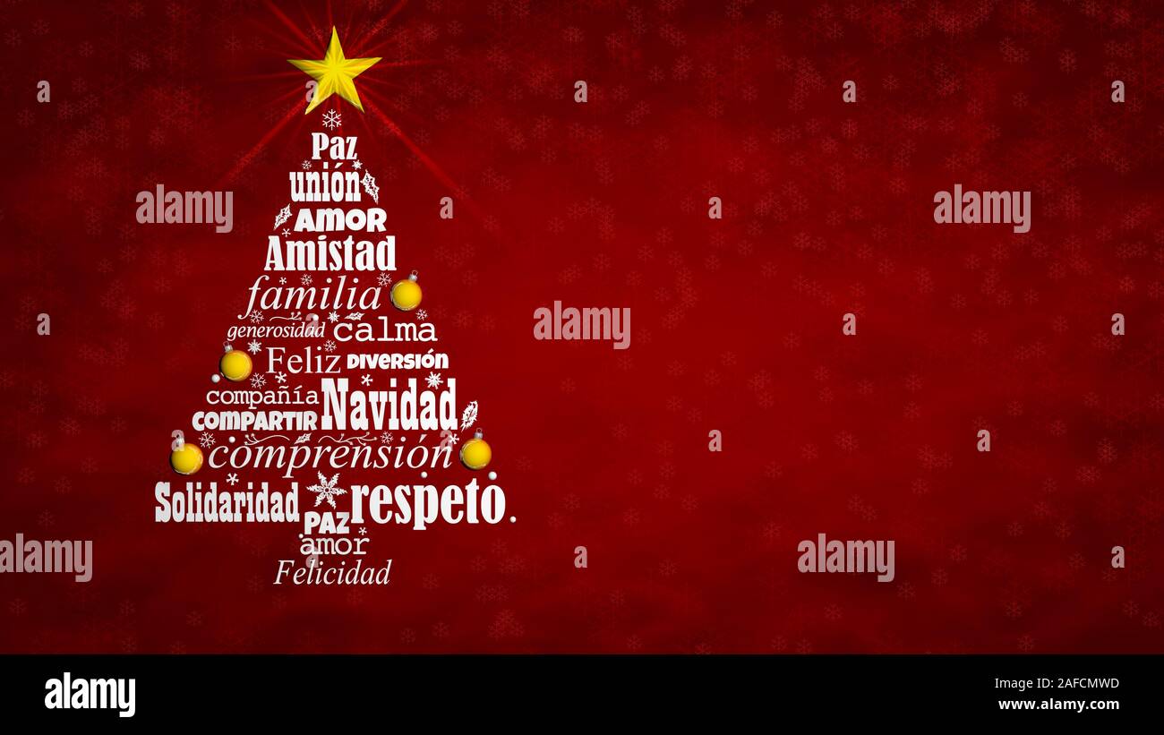 Grußkarte von Feliz Navidad - Frohe Weihnachten in Spanischer Sprache. Wort Wolke bilden einen Weihnachtsbaum mit einem hellen Stern auf der Spitze auf einem roten zurück Stockfoto