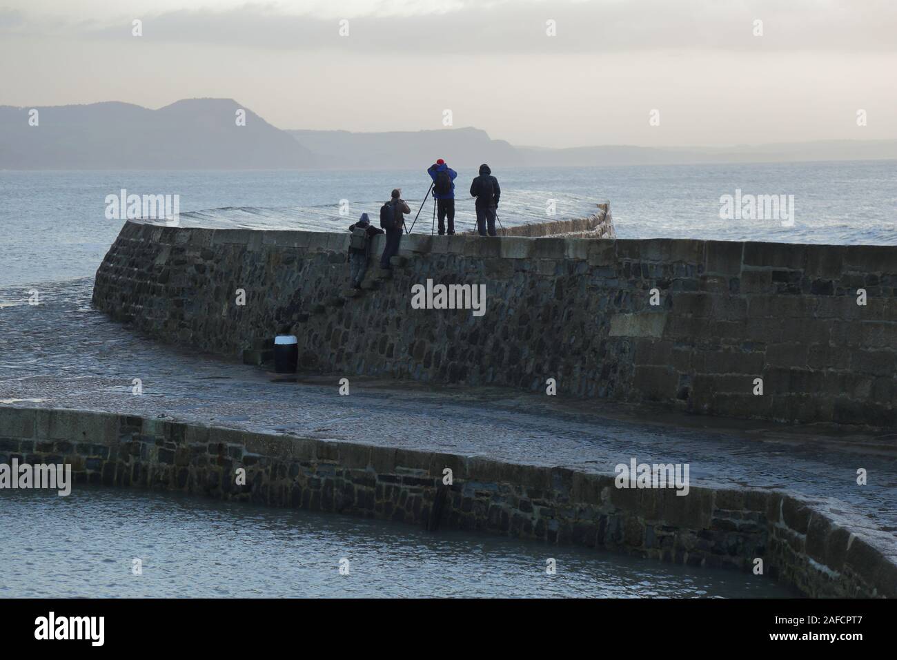 Silhouetten der Fotografen stehen auf dem Cobb in Lyme Regis in der Morgendämmerung Stockfoto