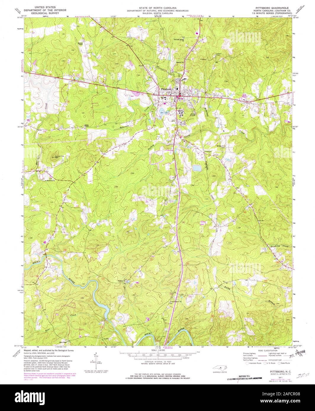 USGS TOPO Karte North Carolina NC Pittsboro 164372 1970 24000 Wiederherstellung Stockfoto