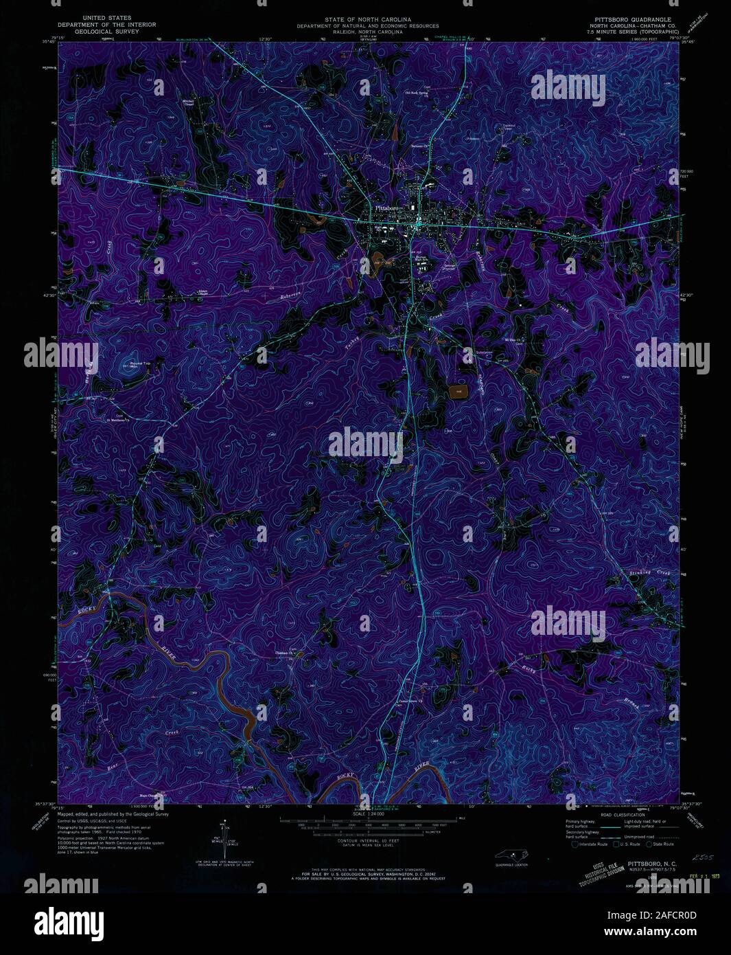 USGS TOPO Karte North Carolina NC Pittsboro 164371 1970 24000 invertiert Wiederherstellung Stockfoto