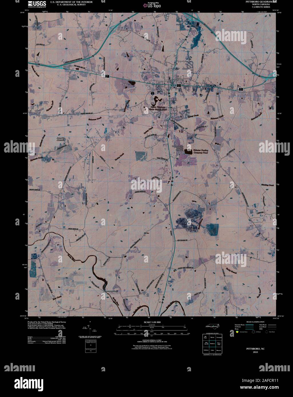 USGS TOPO Karte North Carolina NC Pittsboro 20100825 TM invertiert Wiederherstellung Stockfoto