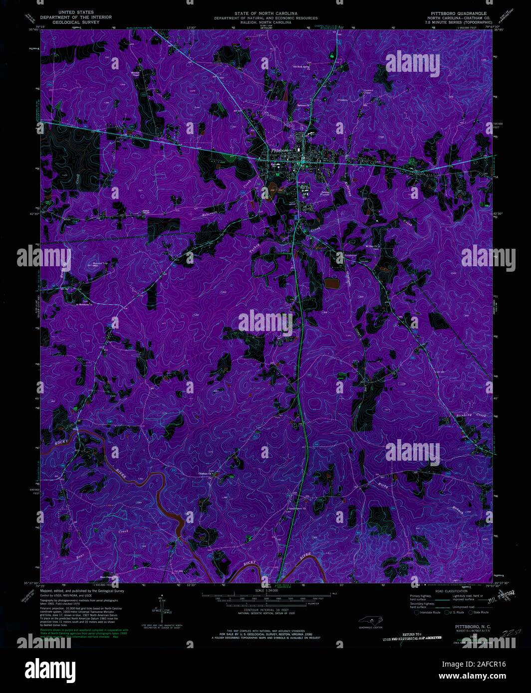 USGS TOPO Karte North Carolina NC Pittsboro 164372 1970 24000 invertiert Wiederherstellung Stockfoto