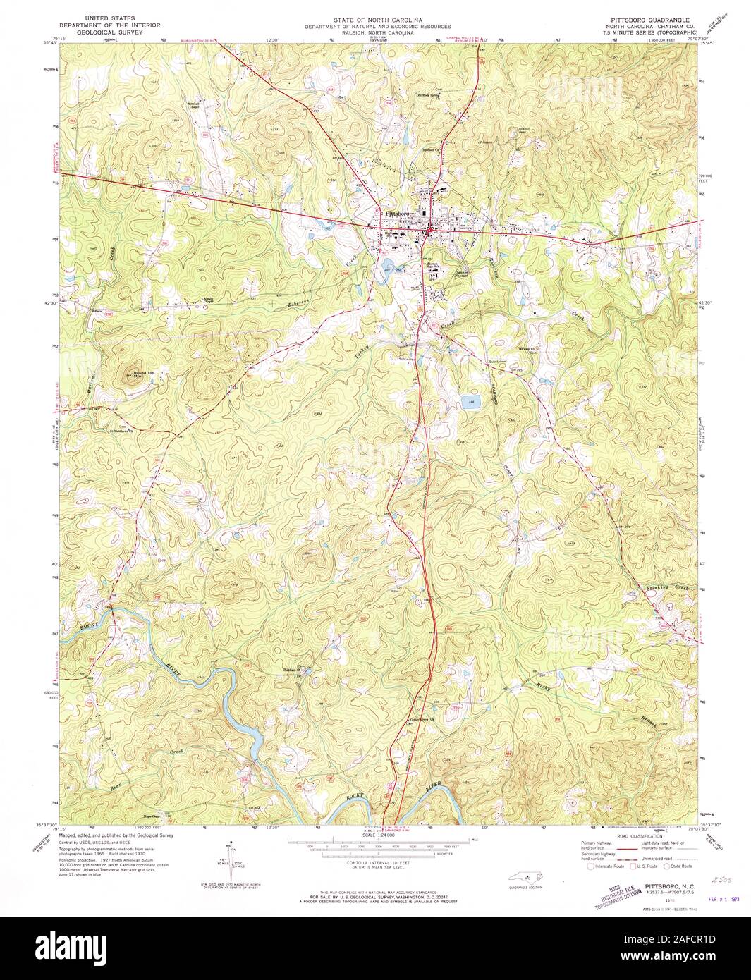 USGS TOPO Karte North Carolina NC Pittsboro 164371 1970 24000 Wiederherstellung Stockfoto