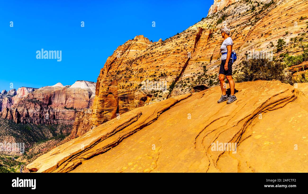 Active Senior Frau suchen in Zion Canyon von der Oberseite des Canyon Trail Übersehen im Zion National Park, Utah, United States Stockfoto