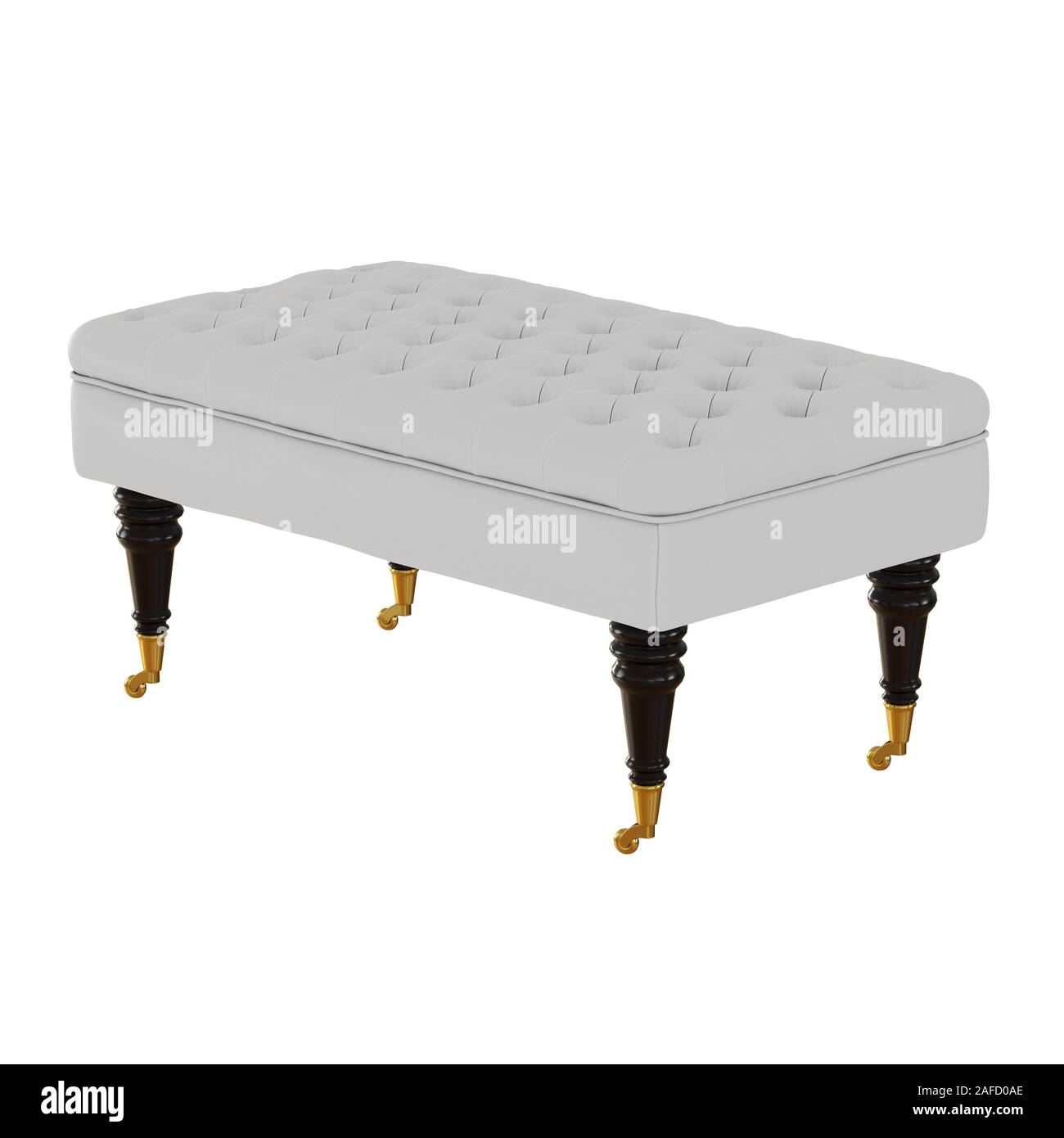 Die gesteppte Weiß Leder Hocker mit Beinen auf Rädern auf weißem Hintergrund. 3D-Rendering Stockfoto