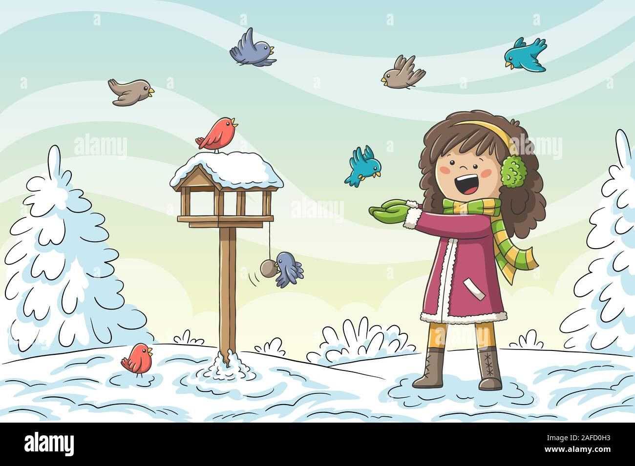 Mädchen füttert Vögel im Winter. Hand Vector Illustration mit separaten Ebenen gezeichnet. Stock Vektor