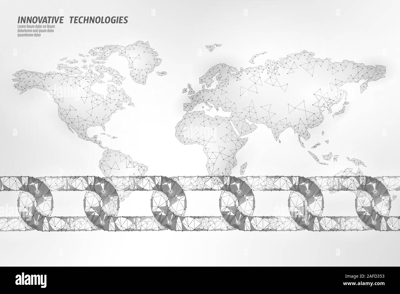 Blockchain global business Symbol Konzept. Kette Verbindung World Map Information Security. 3D-Low Poly polygonalen geometrischen Design. Global Technology Stock Vektor