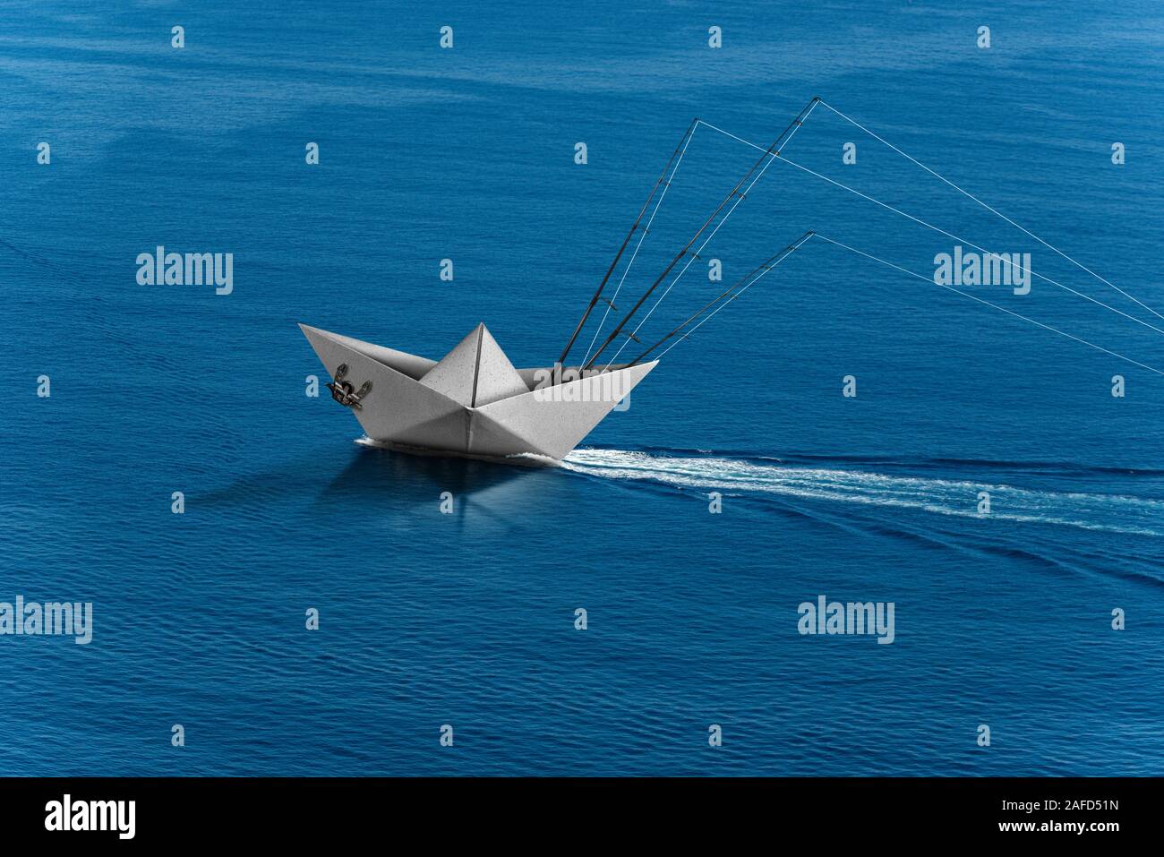 Big Game Fishing Konzept Papier Trolling Boot Mit Drei Angelruten Im Blauen Meer Mit Wecker Fotografie Stockfotografie Alamy