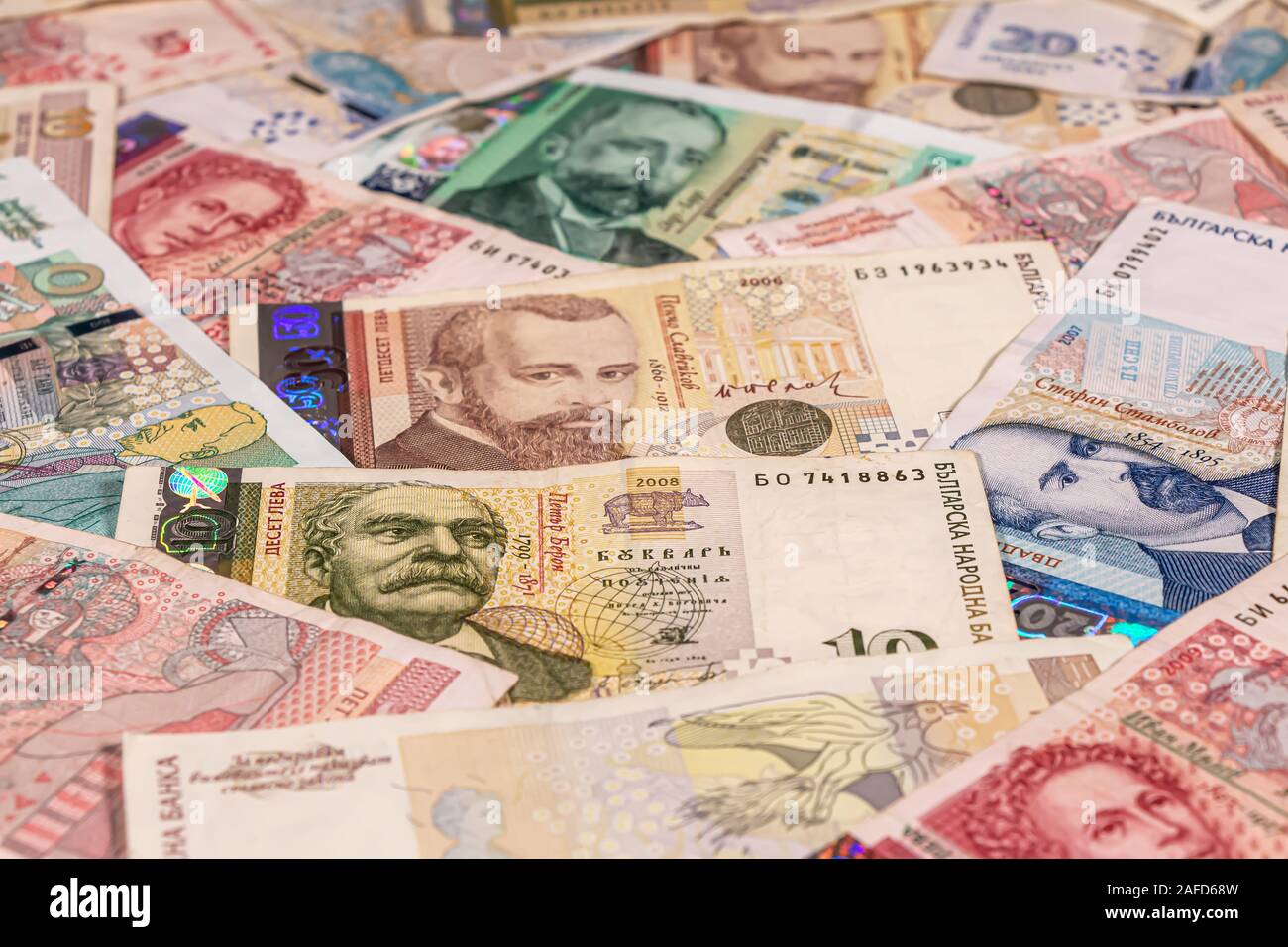 Die Zusammensetzung des bulgarischen Lev Banknoten bietet große Möglichkeiten für die Illustration von Themen wie Handel, Banken, Medien verwendet werden, Präsentationen etc. Stockfoto