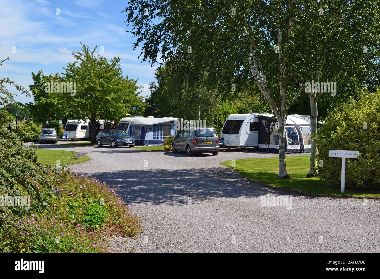 Die alten Eichen Caravan Park, Glastonbury, Somerset, Großbritannien Stockfoto