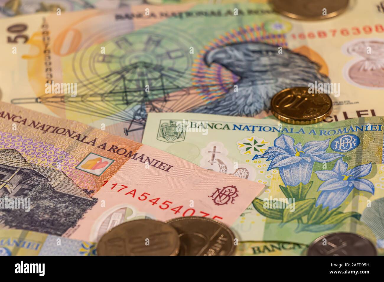Die Zusammensetzung des rumänischen Leu Banknoten und Münzen bietet große Möglichkeiten für die Illustration von Themen wie Handel, Banken, Medien verwendet werden, Presentati Stockfoto