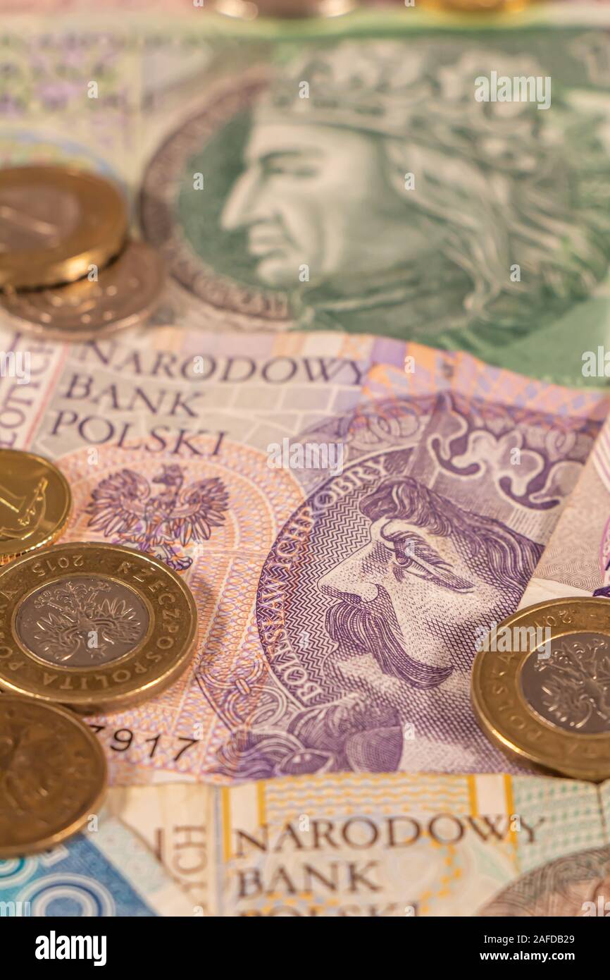 Polnischer Zloty. PLN Banknoten und Münzen bietet große Möglichkeiten für die Illustration von Themen wie Handel, Banken, Medien verwendet werden, Präsentationen etc. Stockfoto
