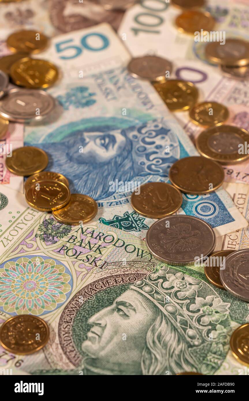 Polnischer Zloty. PLN Banknoten und Münzen bietet große Möglichkeiten für die Illustration von Themen wie Handel, Banken, Medien verwendet werden, Präsentationen etc. Stockfoto