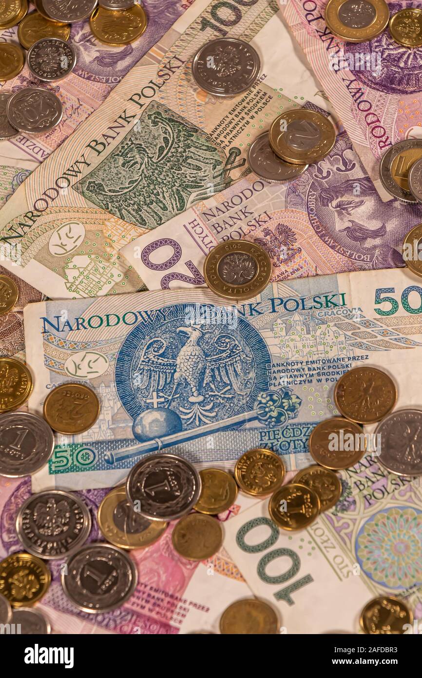 Polnischer Zloty. PLN Banknoten und Münzen bietet große Möglichkeiten für die Illustration von Themen wie Handel, Banken, Medien verwendet werden, Präsentationen etc. Stockfoto