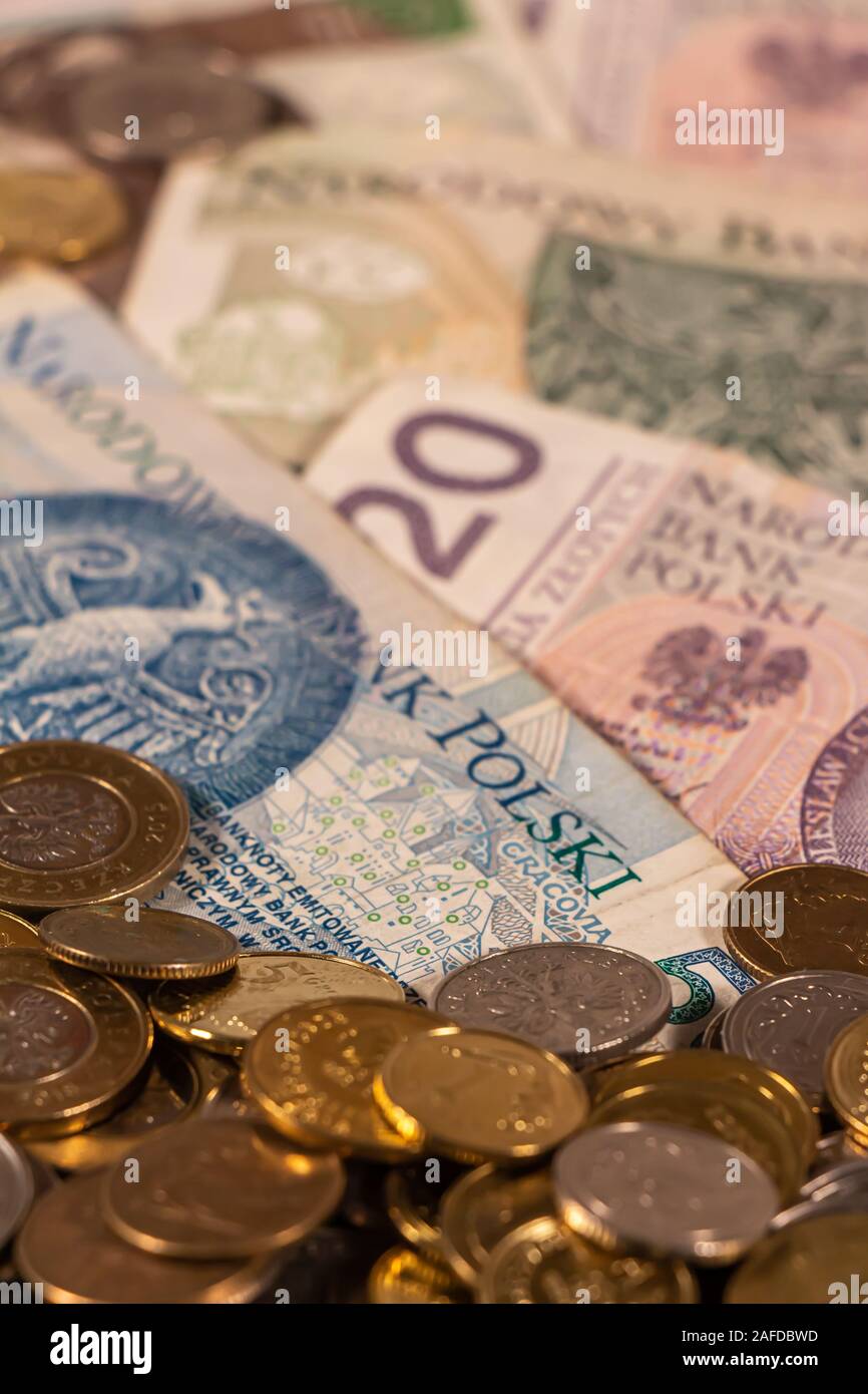 Polnischer Zloty. PLN Banknoten und Münzen bietet große Möglichkeiten für die Illustration von Themen wie Handel, Banken, Medien verwendet werden, Präsentationen etc. Stockfoto