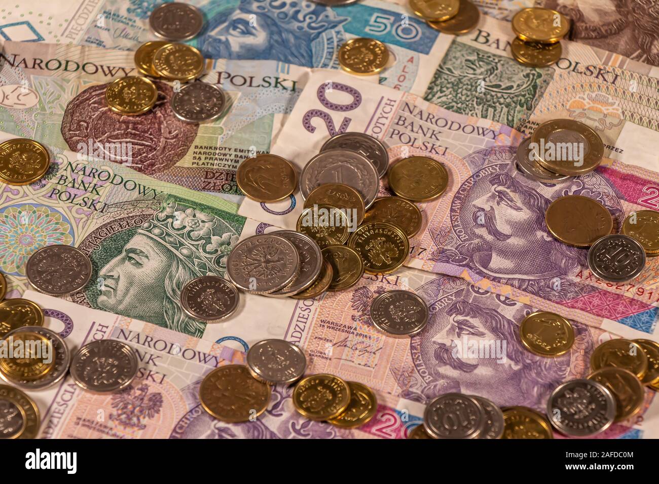 Polnischer Zloty. PLN Banknoten und Münzen bietet große Möglichkeiten für die Illustration von Themen wie Handel, Banken, Medien verwendet werden, Präsentationen etc. Stockfoto