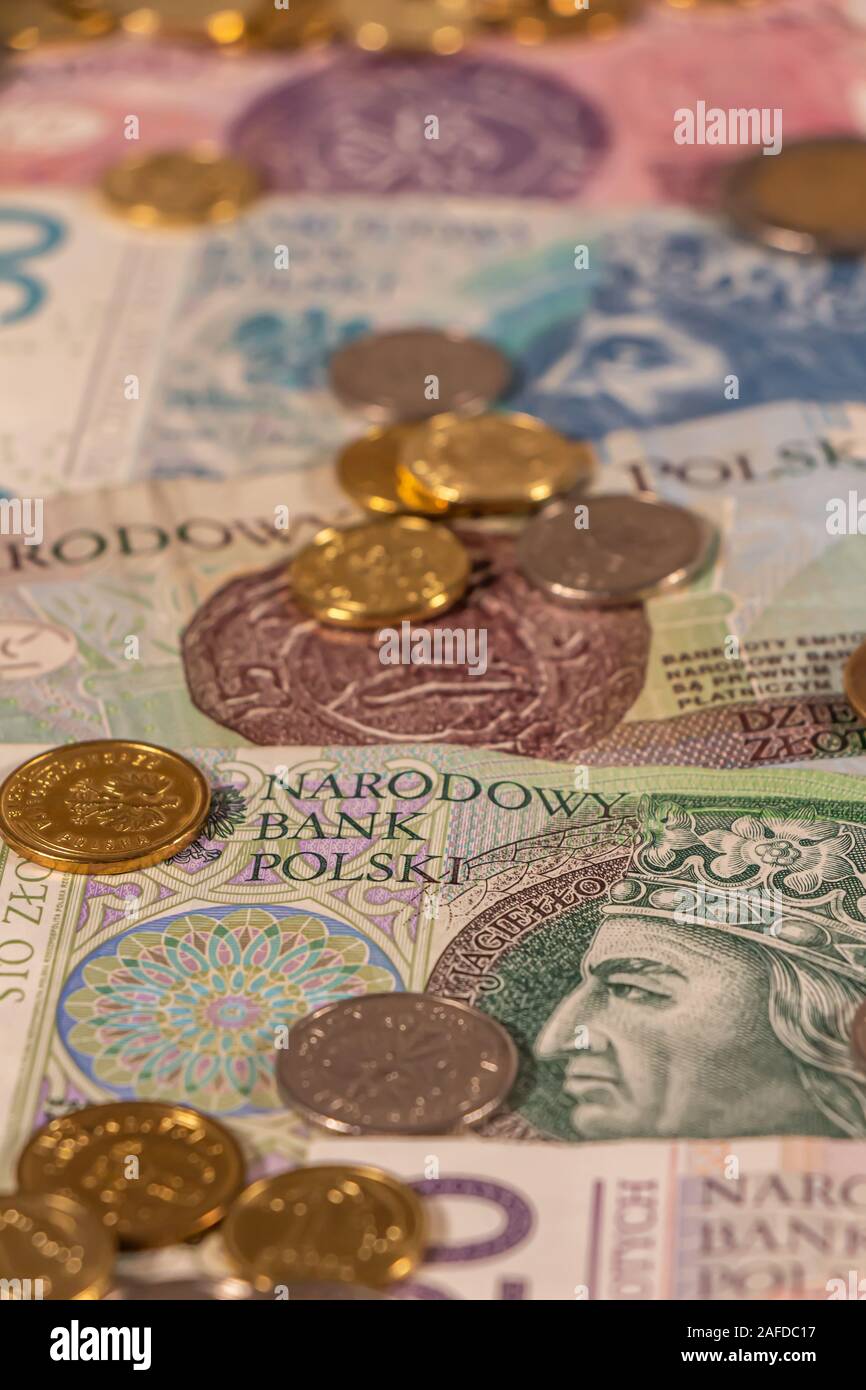 Polnischer Zloty. PLN Banknoten und Münzen bietet große Möglichkeiten für die Illustration von Themen wie Handel, Banken, Medien verwendet werden, Präsentationen etc. Stockfoto