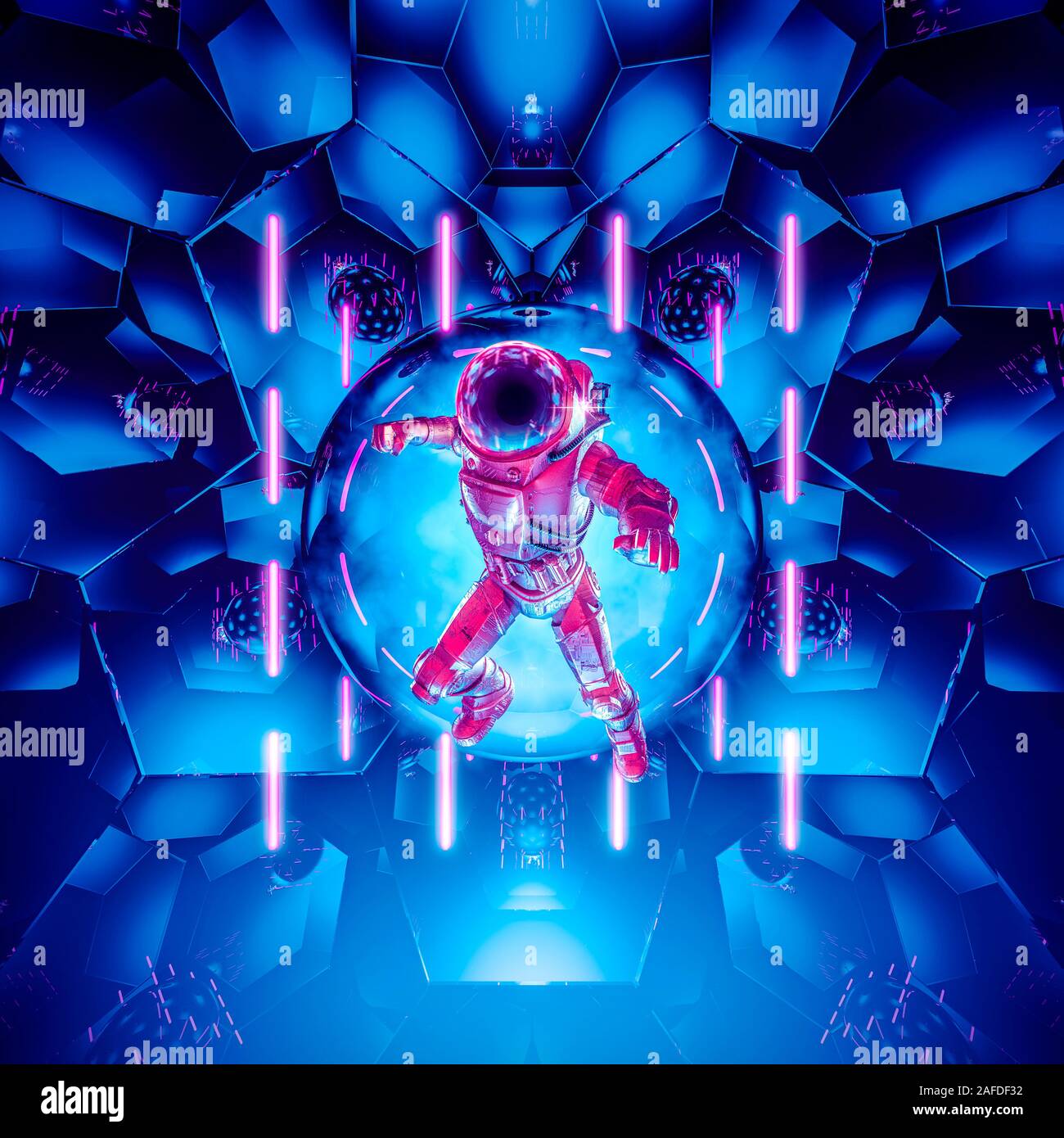 Unendliche Prisma Astronaut/3D-Darstellung der science fiction Szene mit dynamischen Astronaut im Weltraum schweben Anzug vor der leuchtenden Neonröhren Stockfoto