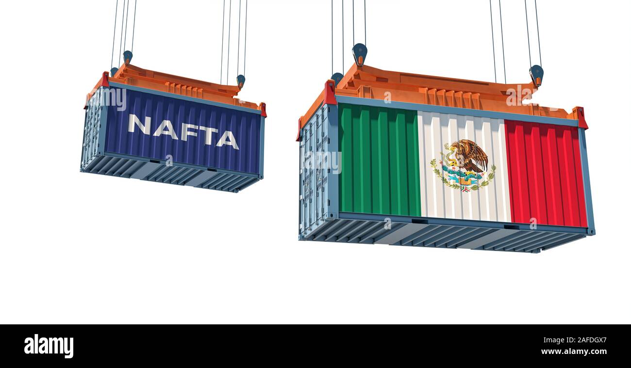 Ein Frachtcontainer mit Mexiko Nationalflagge und eine mit dem Wort NAFTA North American Free Trade Agreement - 3D-Rendering Stockfoto