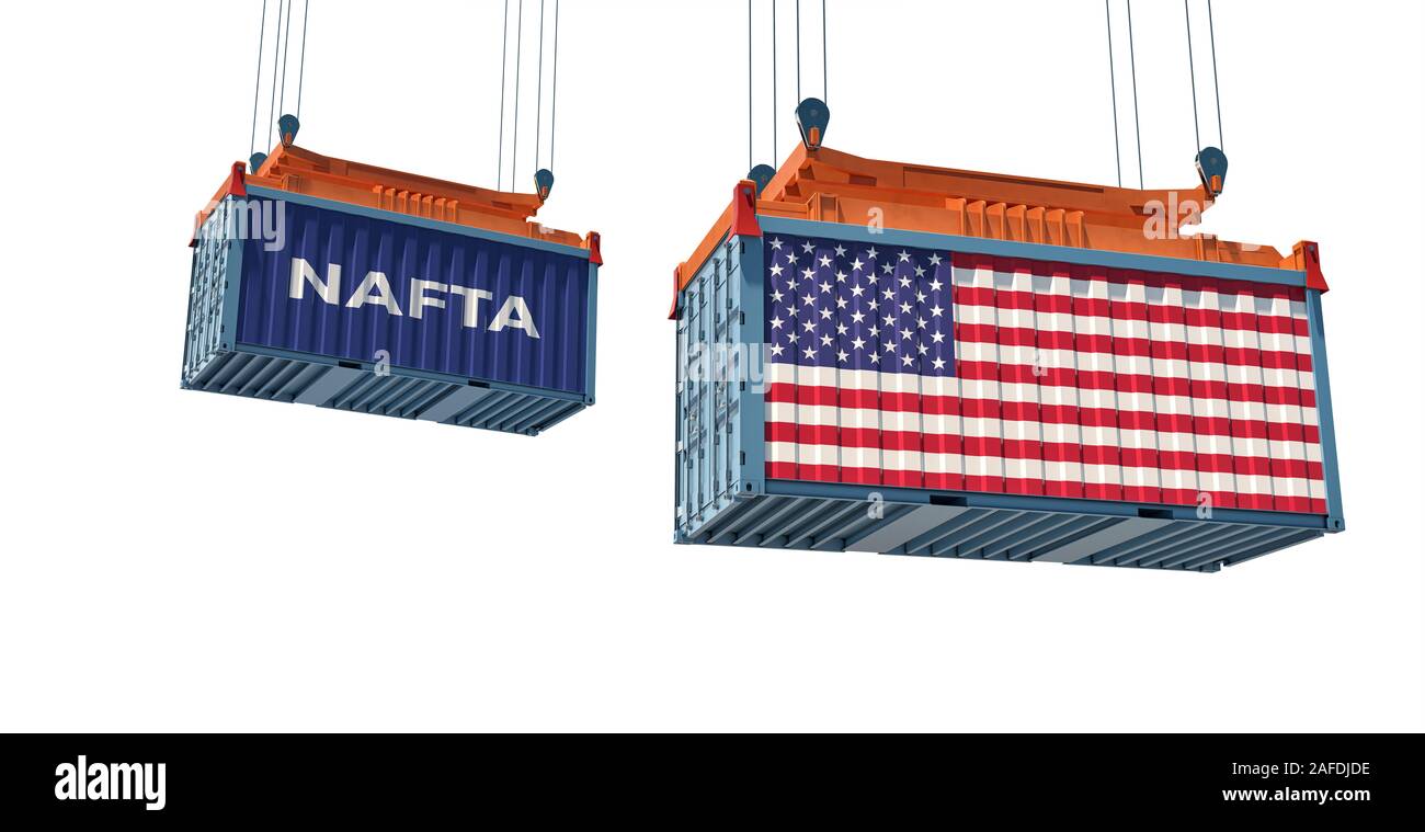 Ein Frachtcontainer mit USA Nationalflagge und eine mit dem Wort NAFTA North American Free Trade Agreement - 3D-Rendering Stockfoto