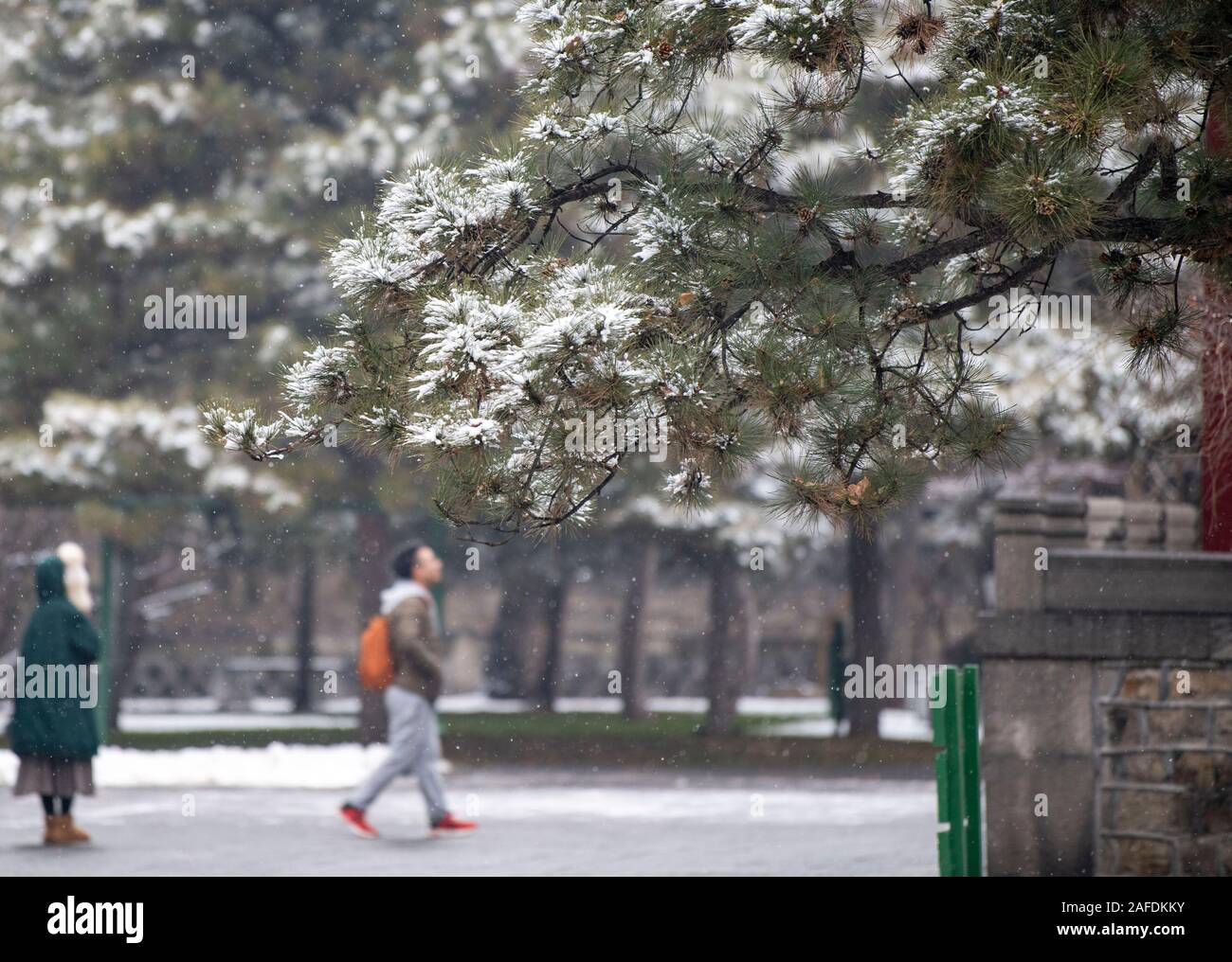 (191215) - - Taiyuan, Dez. 15, 2019 (Xinhua) - Touristen besuchen Jinci Tempel während einem Schneefall in Taiyuan, Provinz Shanxi im Norden Chinas, Dez. 15, 2019. (Xinhua / Yang Chenguang) Stockfoto